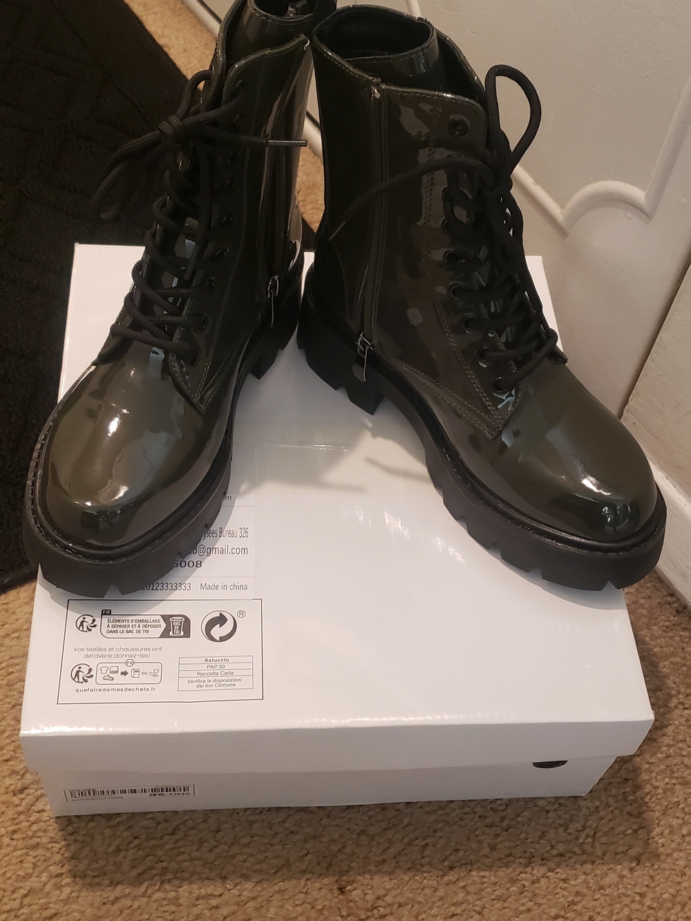 Patent Combat Boots - Olive Green Women's Lace-Up Boots